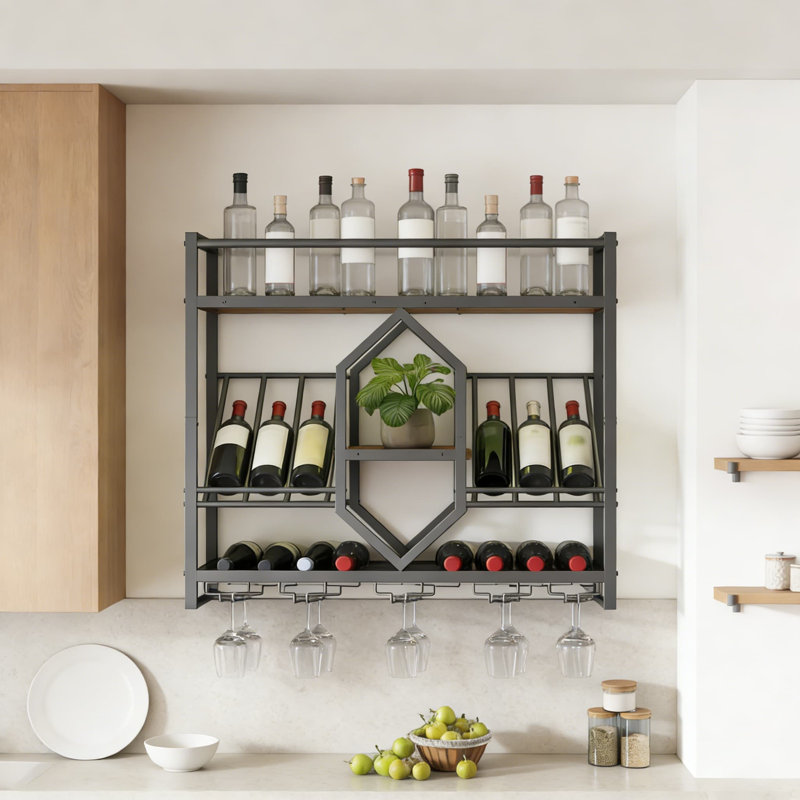 Support à vin mural avec lumières DEL, étagère à vin flottante à 3 niveaux avec porte-verres à pied, design hexagonal pour le rangement et la présentation de la cuisine, du bar ou du salon