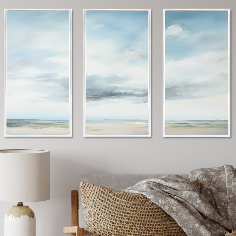 Minimalisme, ciel nuageux paysage III - ensemble d'art mural ciel, Cadre flottant blanc, H 32 po x l 48 po x P 1 po