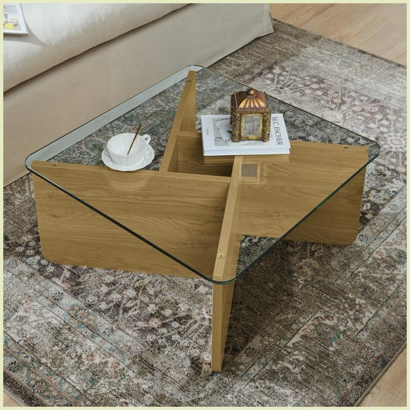Table basse Mid-Century moderne de 31,5 pouces avec plateau en verre trempé pour salon, facile à nettoyer et amp; Durable
