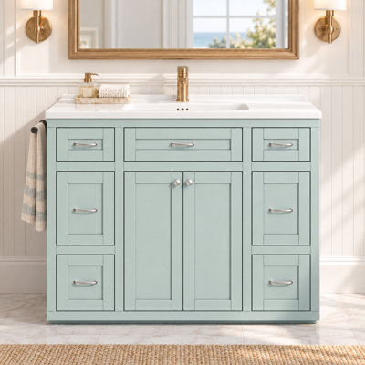 48" Bathroom Vanity with Ceramic Sink Top, 6 Drawers, Flip-Out Drawer, Soft-Close Double Doors and Reversible Towel Rack