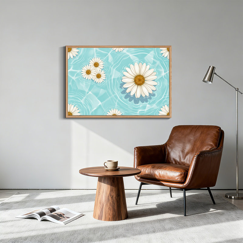 Marguerites blanches flottant dans une eau turquoise - Tableau sur toile, H 32 po x l 48 po