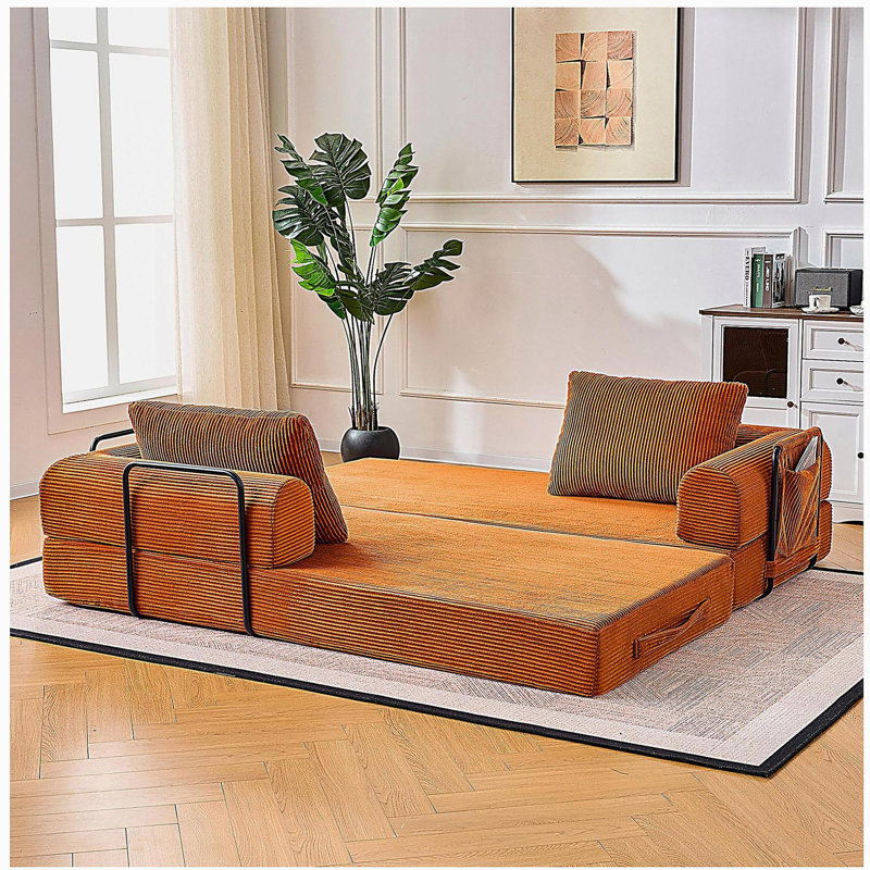 Canapé-lit convertible avec coussin cylindrique - Coussin pliant en velours côtelé avec cadre de forme fixe pour le salon, la chambre à coucher, le salon, le studio-orange