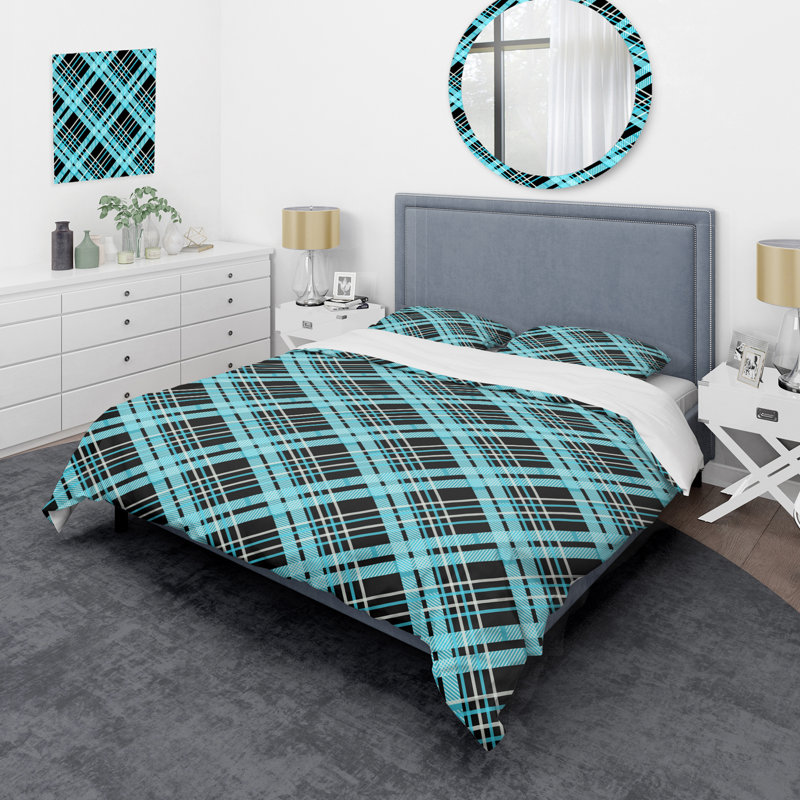 Tartan à carreaux bleu et blanc - Ensemble de housse de couette abstrait - Microfibre de polyester