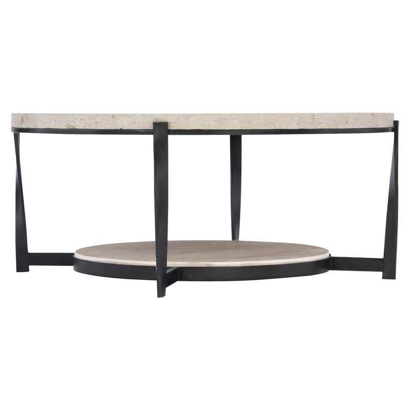 Transitional Beige & Black Round Wood Coffee Table with Storage