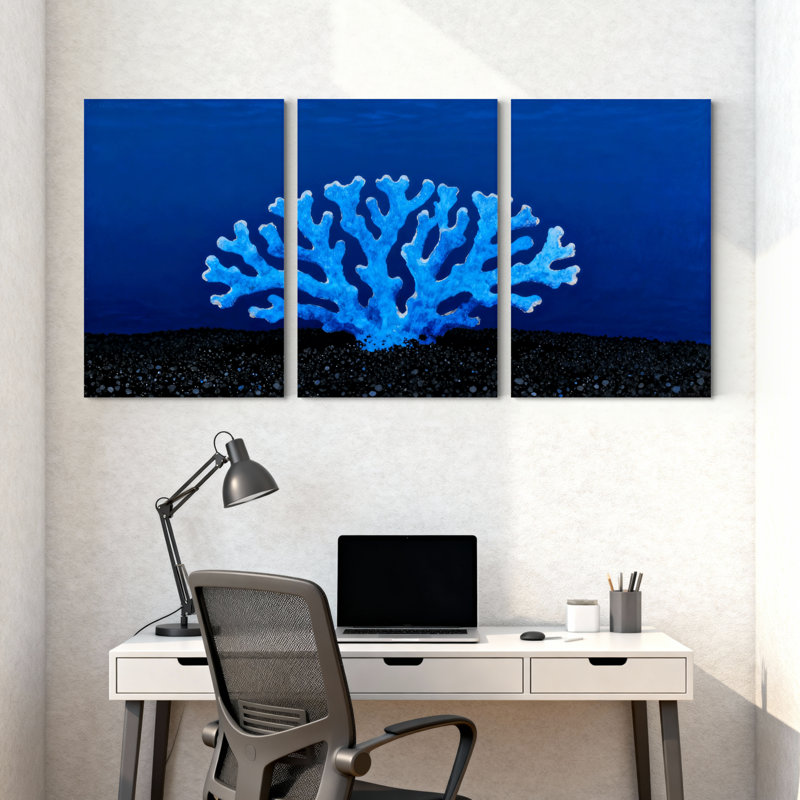 Ensemble de 3 impressions sur toile bleu corail sur fond océan foncé, H 30 po x l 60 po