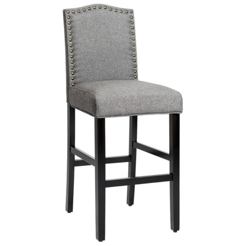 Gray Linen and Dark Wood Counter Height Barstools with Brass Nails