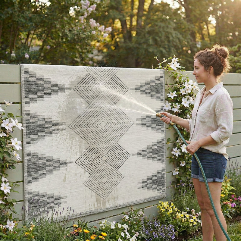 Everly Beige Machine Washable Indoor/Outdoor Rug, Rectangle 4' x 6'