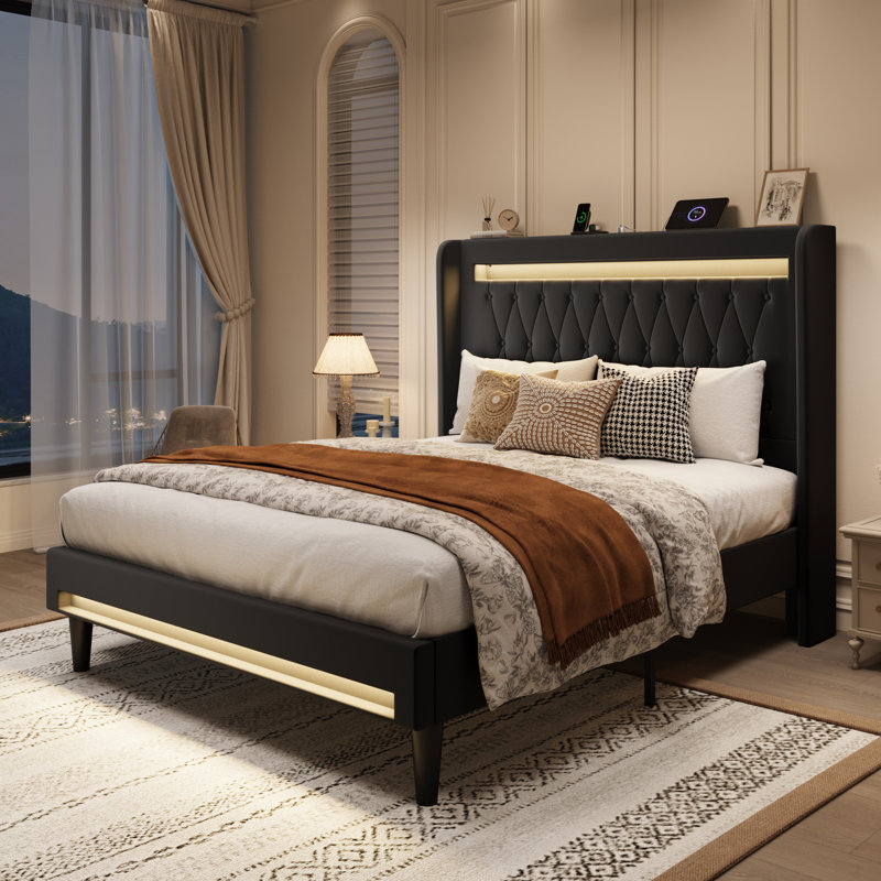 Modern Diamond-Tufted Upholstered Bed Frame With RGB LED Lights, USB Charging Ports & Wingback Headboard, Black, Queen
