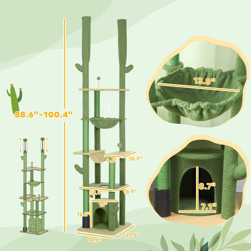 Arbre à chat Tucker Murphy Pet ™ de 89 à 100 po avec poteau de brossage, vert