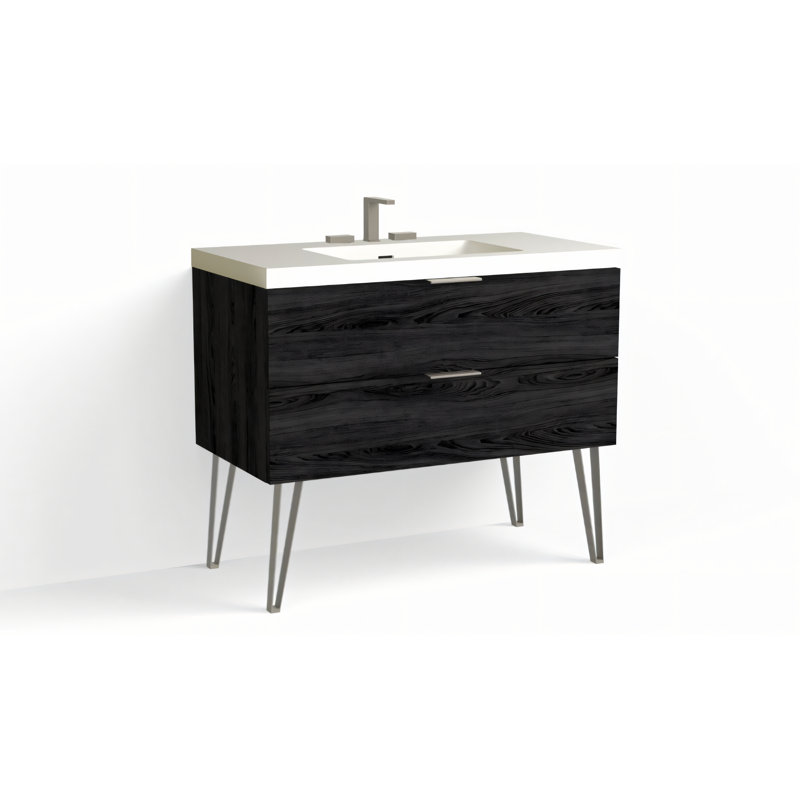 Avila 42" W Freestanding Single Bathroom Vanity with Dawson Leg, Matte White/8" Widespread, Charred, Satin Nickel