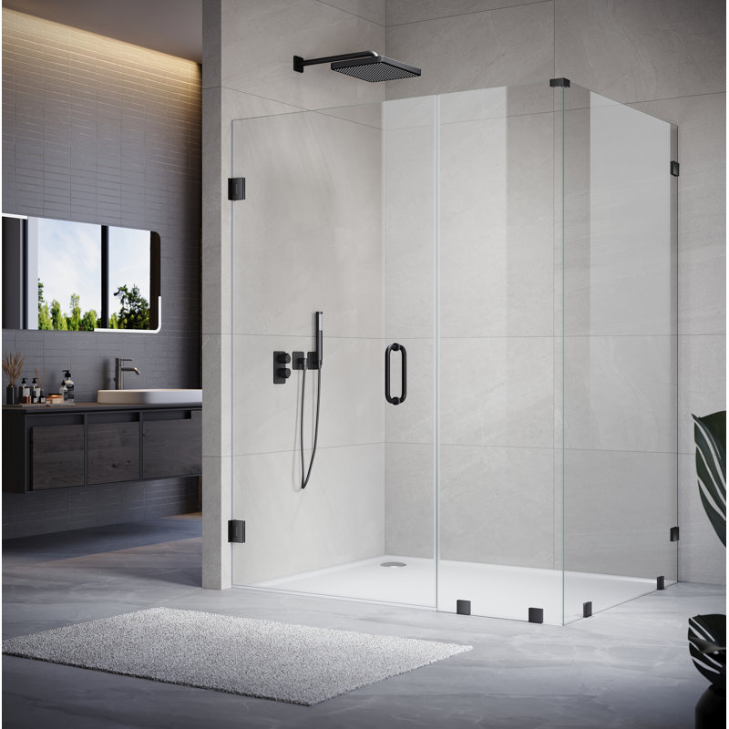 UKH07 33-1/8 to 34 in. W X 38 in. D X 80 in. H Frameless Hinged Shower Door in Matte Black with EnduroShield 3/8 in. Clear Glass with 24 in. Door Panel