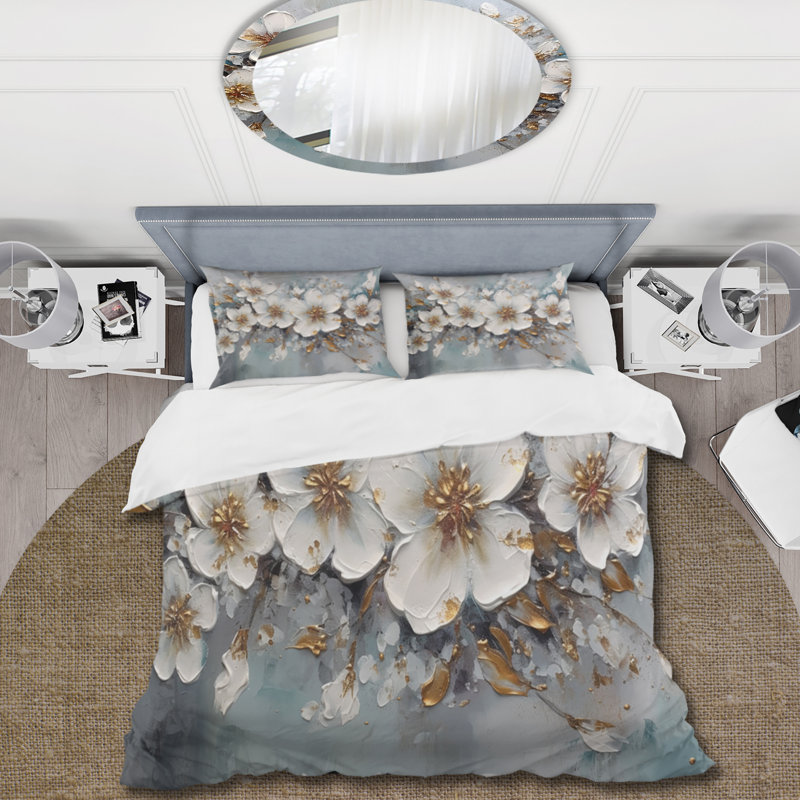 Ensemble de housse de couette en microfibre / polyester Daisy Symphony III blanc et doré