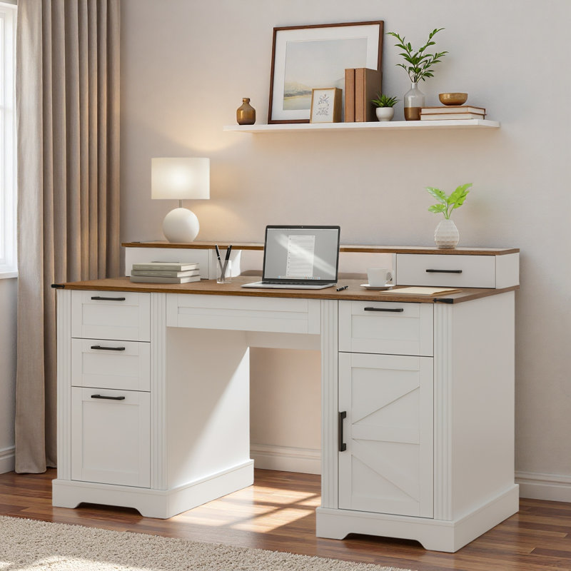 Farmhouse Office Desk With Charging Station, Storage Cabinet, Barn Door Design, File Drawer, Monitor Stand And Keyboard Tray