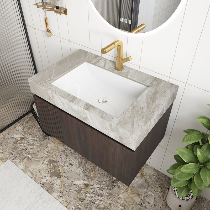 Meuble-lavabo de salle de bain à grain de bois espresso de 30 po avec lavabo, armoire de rangement en contreplaqué flottant avec tiroir et porte, plateau en pierre frittée gris clair avec lavabo en céramique, pré-assemblé