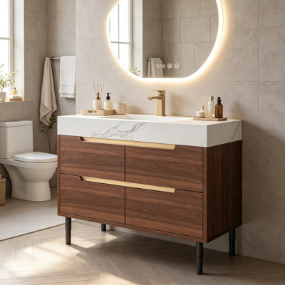 Meuble-lavabo de style campagnard de 90 cm (35,4 po), meuble autoportant avec comptoir en pierre frittée, lavabo en céramique encastré, structure en bois imperméable et 4 tiroirs, possibilité de fixation murale