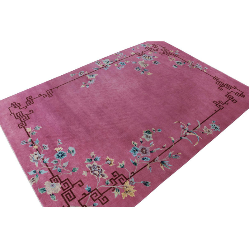 Art Deco Hand Knotted Wool Floral Area Rug, Rectangle 10' x 14'