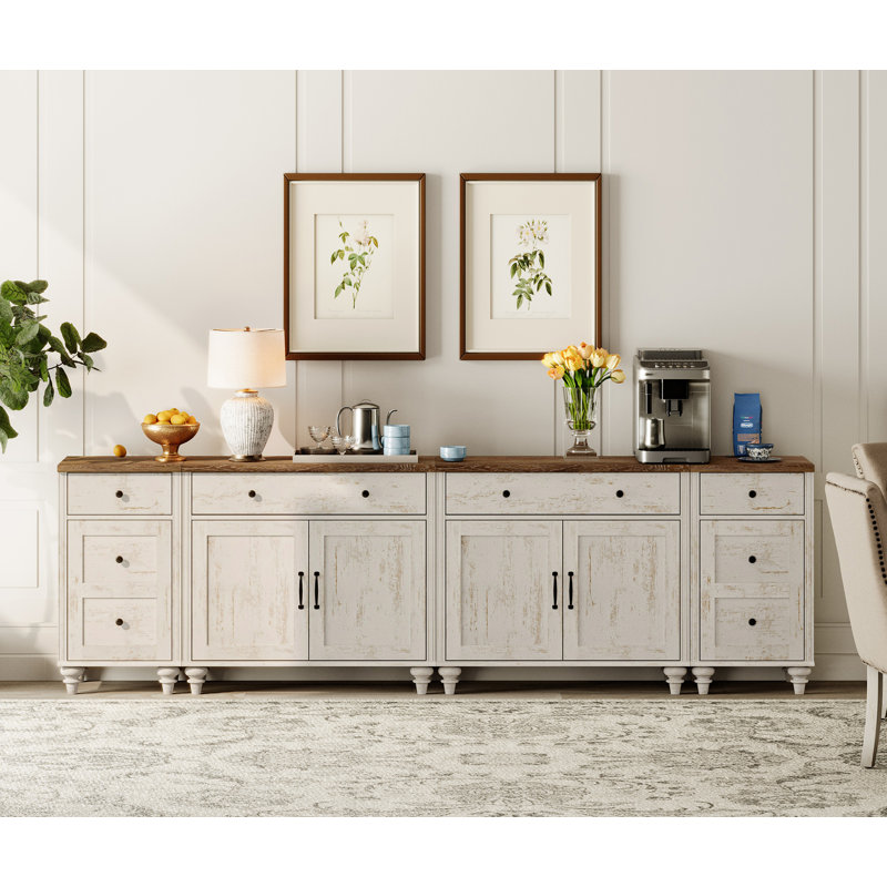 Buffet de cuisine Corretta avec 2 tiroirs et 4 portes, armoire Mid-Century et table de bout, Blanc rustique / brun