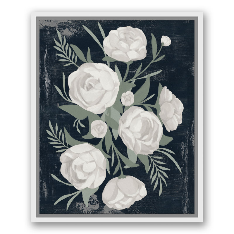 Fleurs blanches sur fond bleu marine, reproduction sur toile, H 21,75 po x l 17,75 po x P 1,75 po