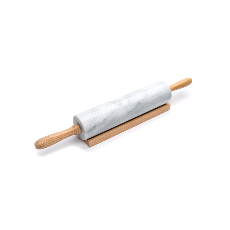 White Marble Rolling Pin with Wooden Handles and Base