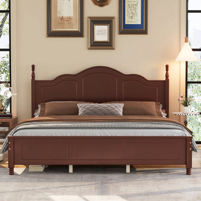 Structure de lit plateforme très grand avec tête de lit à vagues rétro, support de lattes en bois, aucun sommier nécessaire, assemblage facile, structure robuste, mobilier de chambre à coucher avec design rétro classique, noyer foncé