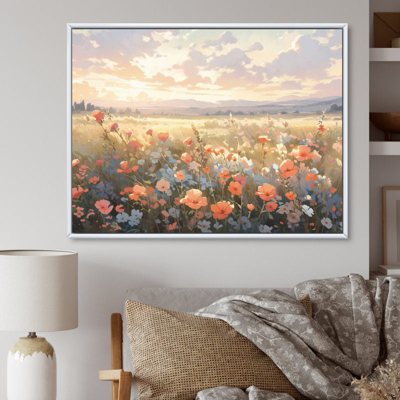 Corail, beige, prairie sauvage, art floral sur toile I, H 34 po x l 44 po x P 1,5 po, Cadre flottant blanc