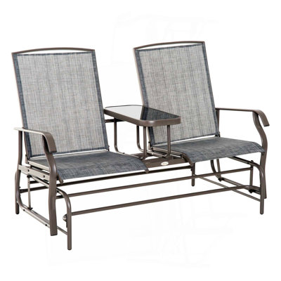 Outdoor Glider Bench With Center Table, Metal Frame Patio Loveseat With Breathable Mesh Fabric And Armrests For Backyard Garden Porch, Gray