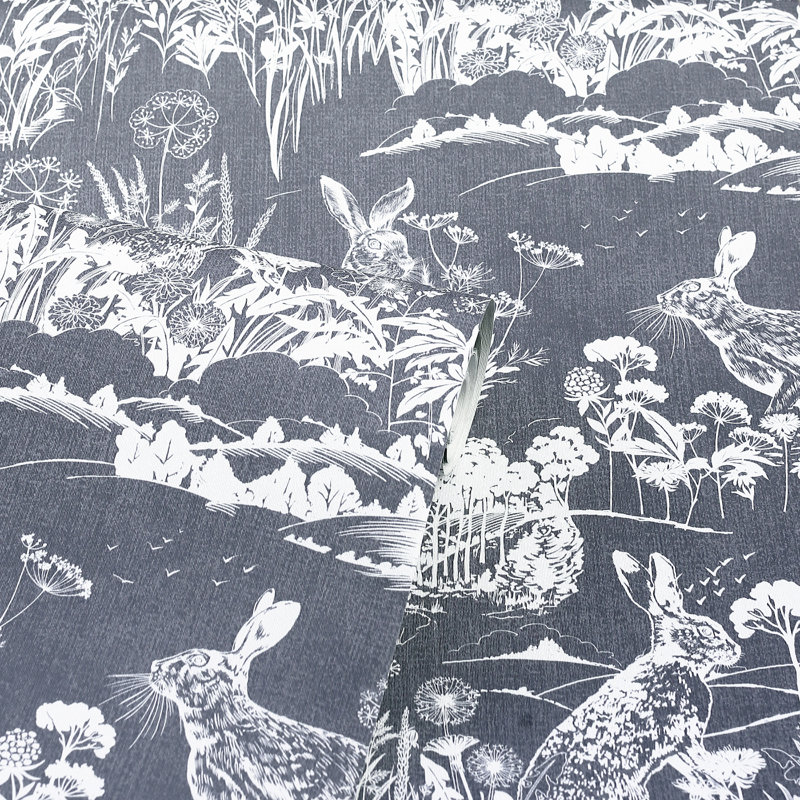 Hattie Navy Meadow Hare Wallpaper