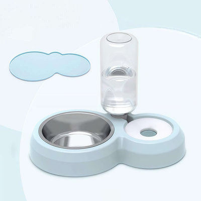 Pet Double Bowl Set With Automatic Water Dispenser, Stainless Steel Feeder & Waterer For Cats And Small Dogs, Non-Tip, No Wet Mouth, Easy To Clean