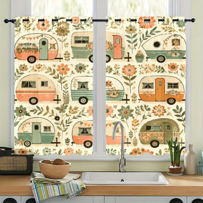 2 rideaux occultants avec œillets, camionnette de camping rétro avec accents en polyester à imprimé floral, isolation thermique, réduction du bruit, protection de la vie privée, rideaux obscurcissants pour la chambre à coucher, cuisine, intérieur, maison, décoration