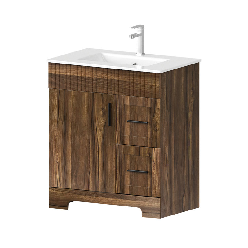 30" Single Bathroom Vanity With Ceramic Top And Faucet, Bathroom Vanity With Drawers And Cabinet, Walnut