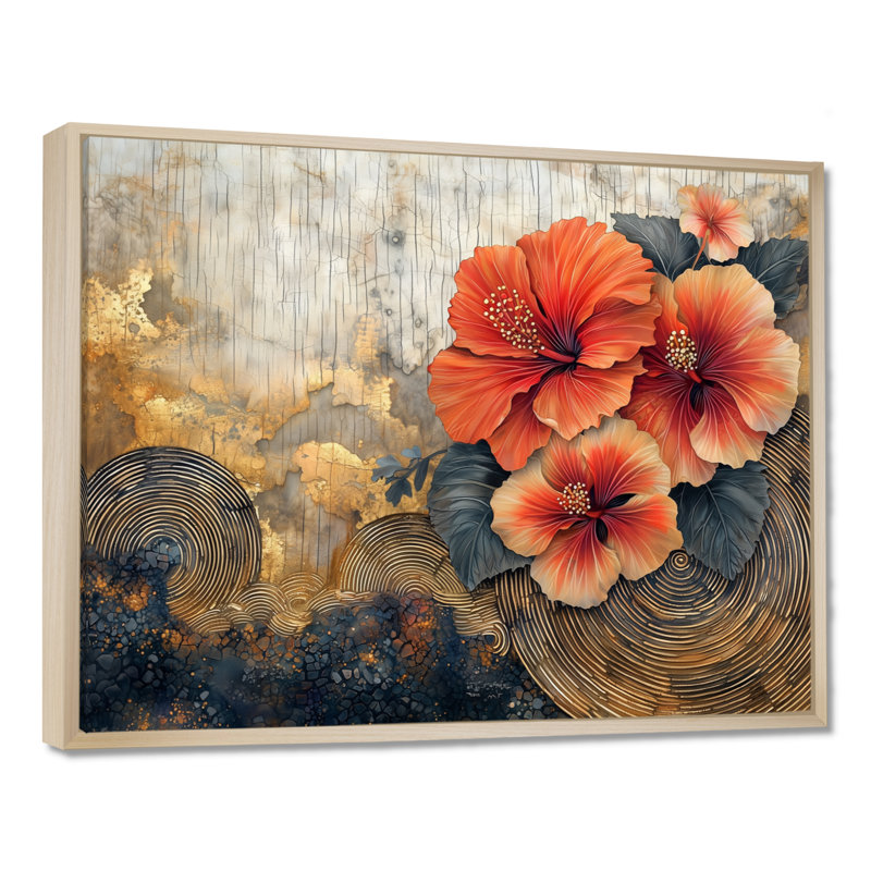 Inshirah hibiscus champ de fleurs sur un horizon en bois II - art mural hibiscus, H 12 po x l 20 po, Crème, crème