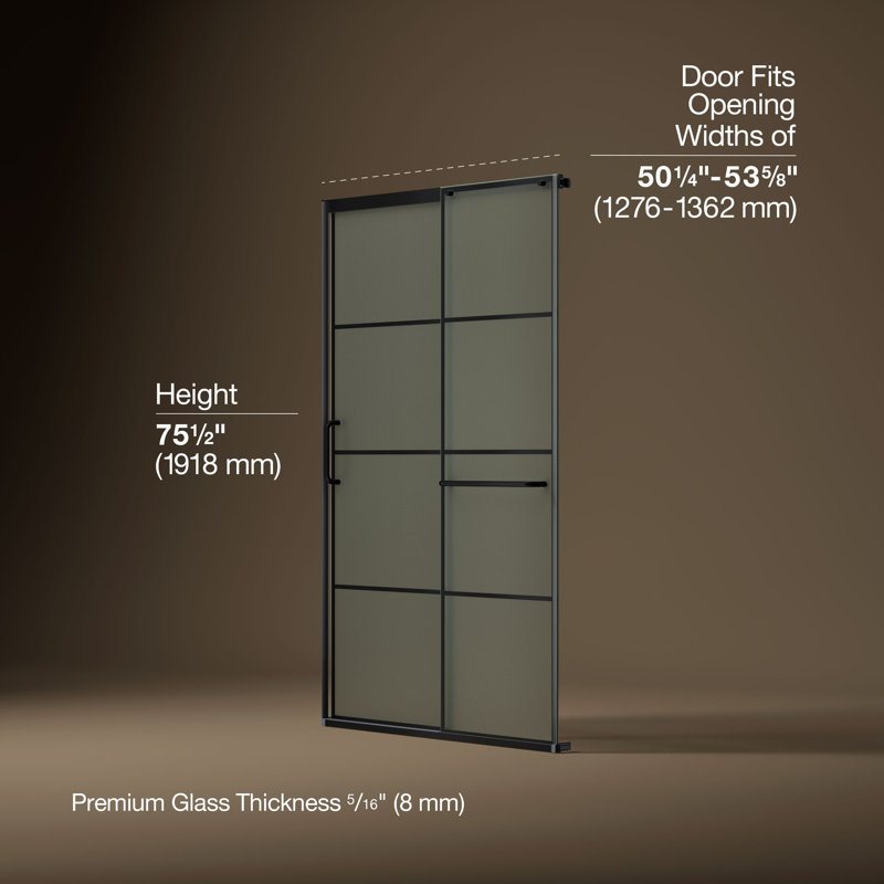 Elate Tall Sliding Shower Door, 75-1/2-In H X 50-1/4 - 53-5/8-In W, With Heavy 5/16-In Thick Crystal Clear Glass With Rectangular Grille Pattern