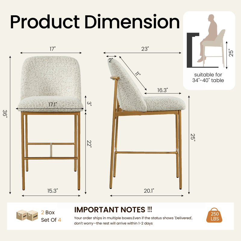  Tabouret de bar à hauteur de comptoir 25 po COLAMY Aurelia (ensemble de 4), Beige, 4