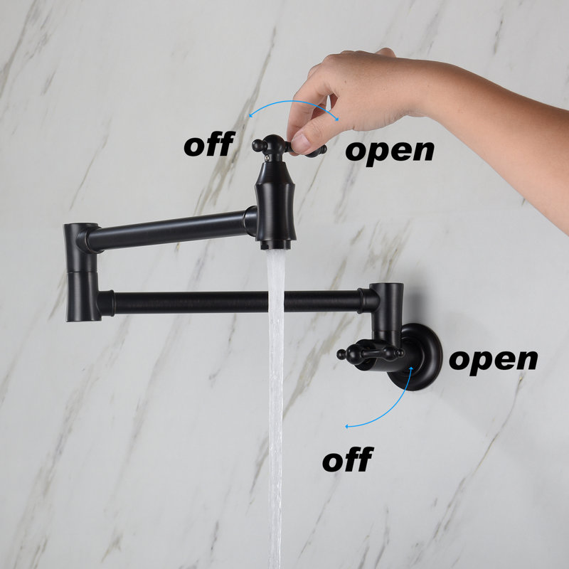 Wall Mount Folding Kitchen Pot Filler Faucet In Matte Black, 360 Rotation, Brass, Corrosion Treatment, Double Handle Operation Foldable For Space Efficiency, Rotatable, Quality Design