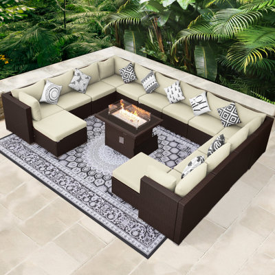 Ensemble de conversation modulaire d'extérieur en osier de 15 pièces avec coussins et table de foyer au propane / gaz naturel 60 000 BTU Pashk