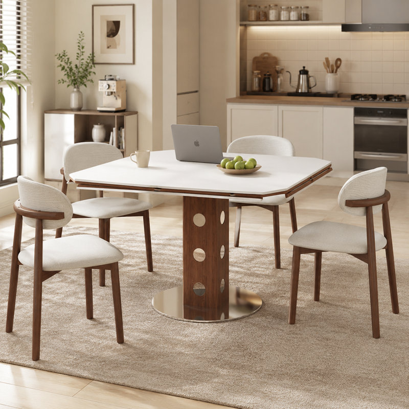 Table de salle à manger ronde extensible 47,2 pouces pour 4 à 6 personnes, table de cuisine pliante avec abattant, plateau en pierre frittée blanche, colonne en bois de noyer et base en métal pour petits appartements et salles à manger