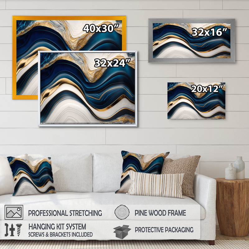 «Abstract Geode Waves Blue III», reproduction sur toile, Cadre simple noir, H 24 po x l 32 po x P 1 po