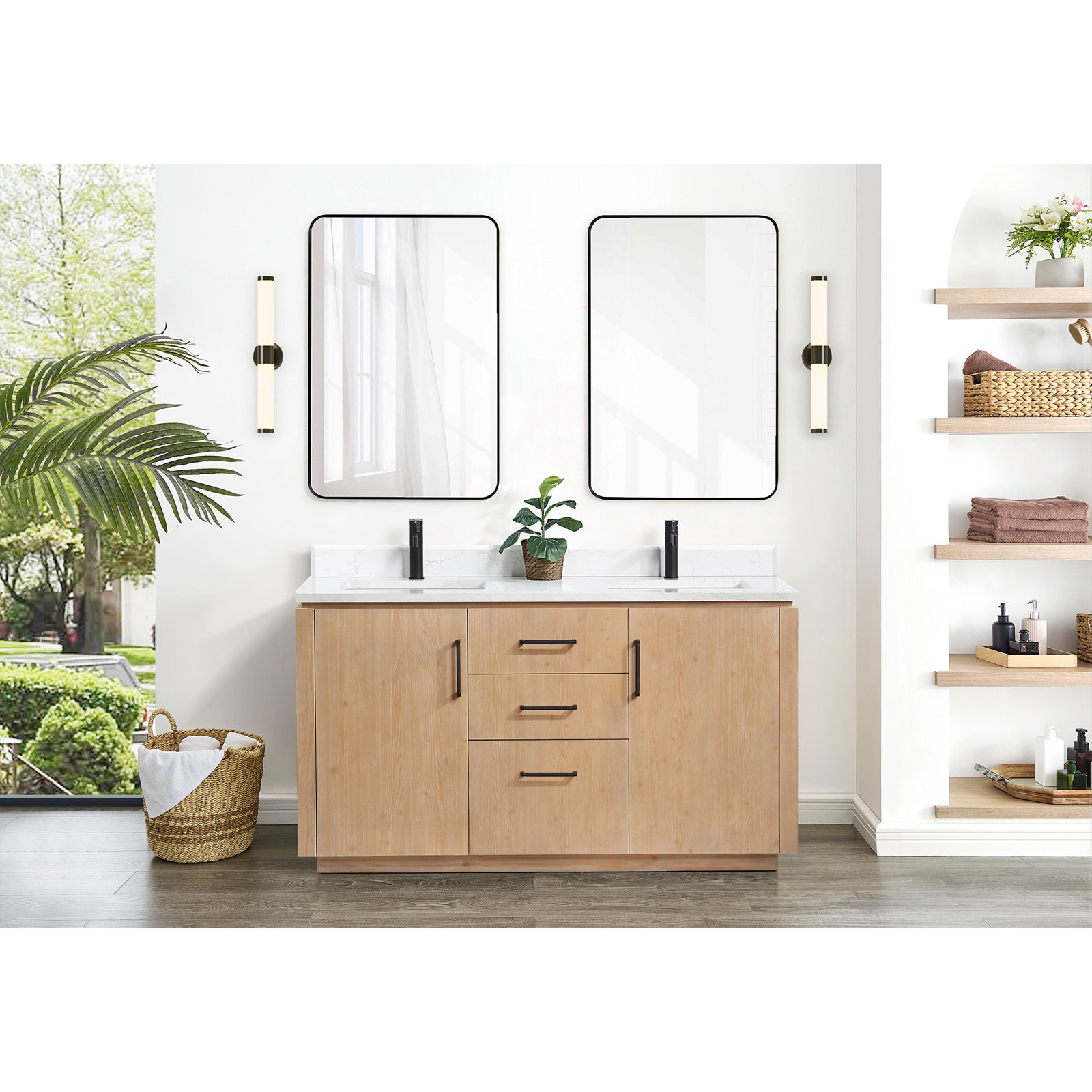 Cloverfield 60'' Double Bathroom Vanity, Fir Wood Brown, Matte Black