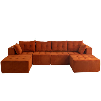  129.5" Corduroy Bean Bag Sofa Compression Cloud Sofa Modular U Sectional Sofa