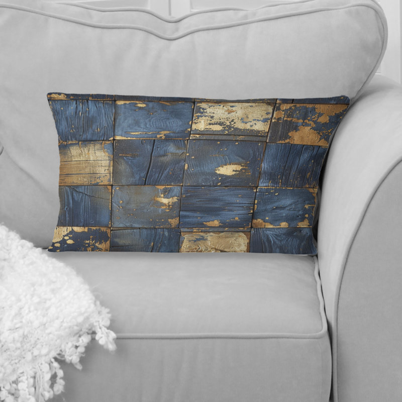 Bleu marine et bois récupéré doré III - Coussin Farmhouse, H 12 po x l 20 po, Forme rectangulaire
