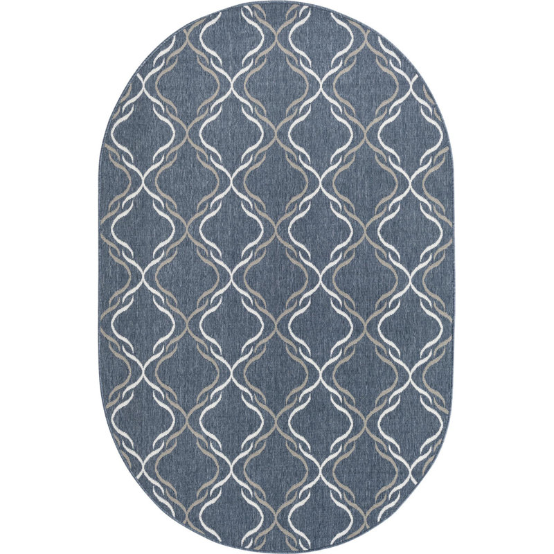 Outdoor Preen Area Rug Dark Blue Color, Oval 5'3" x 8'