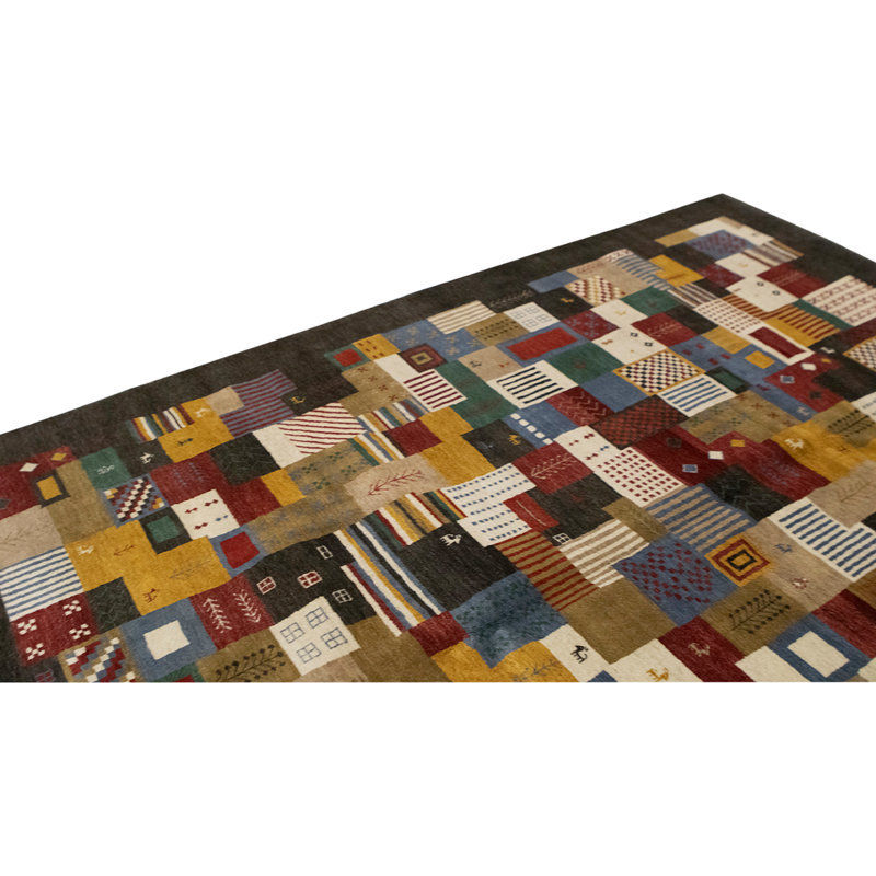Tapis rouge / jaune / noir en laine noué à la main de conception unique 7 pi 11 po x 9 pi 8 po