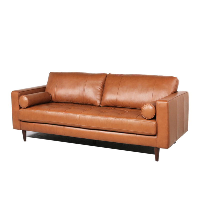3 pieds Mid-Century en cuir, pieds en bois massif, charmant style cognac, 3 pieds