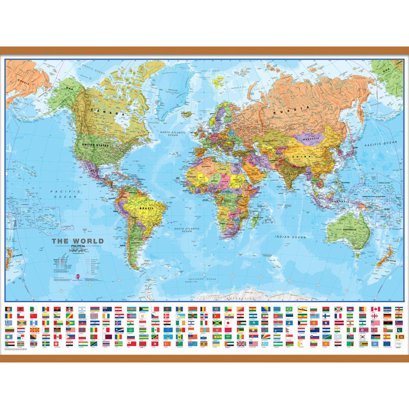 Large World Wall Map Political With Flags - Print, Brown Framed