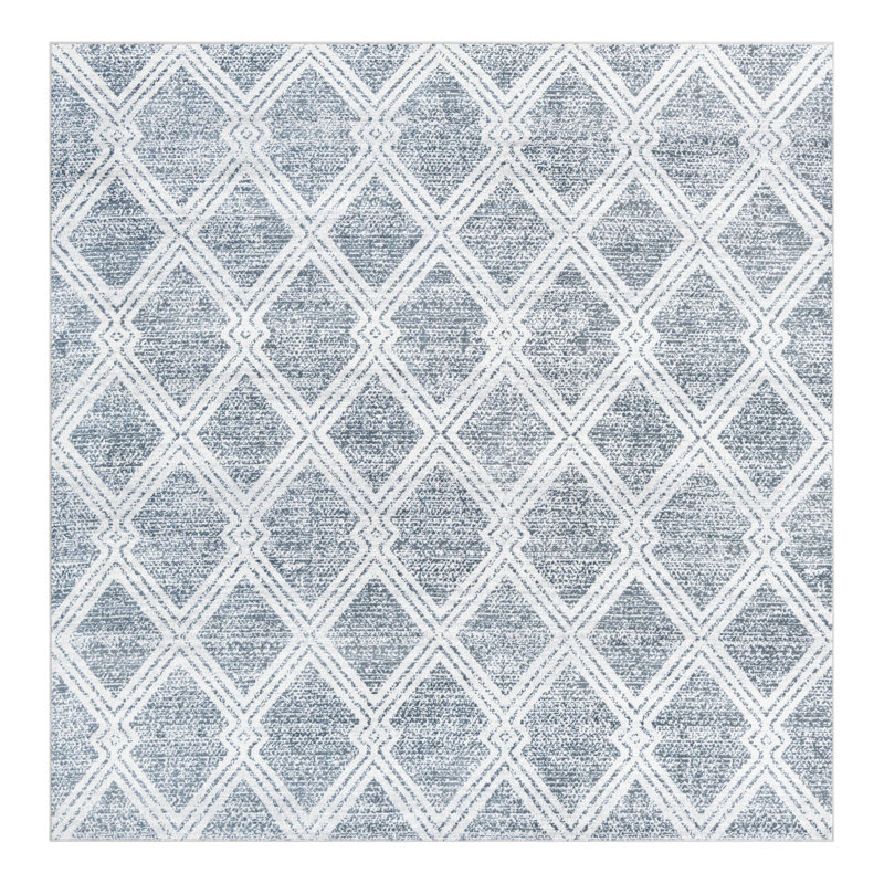 Tapis géométrique en polyester bleu / ivoire Massie, Carré 7 pi 10 po