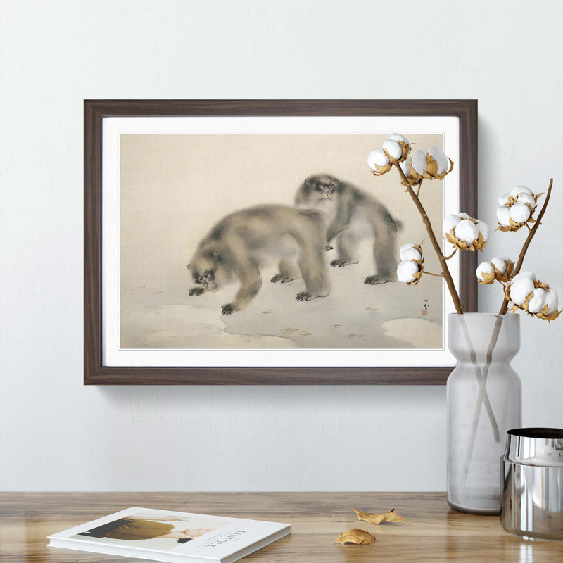 Two Monkeys by Kansetsu Hashimoto - Picture Frame Painting Print, Walnut Framed, 27cm H x 36cm W x 2cm D