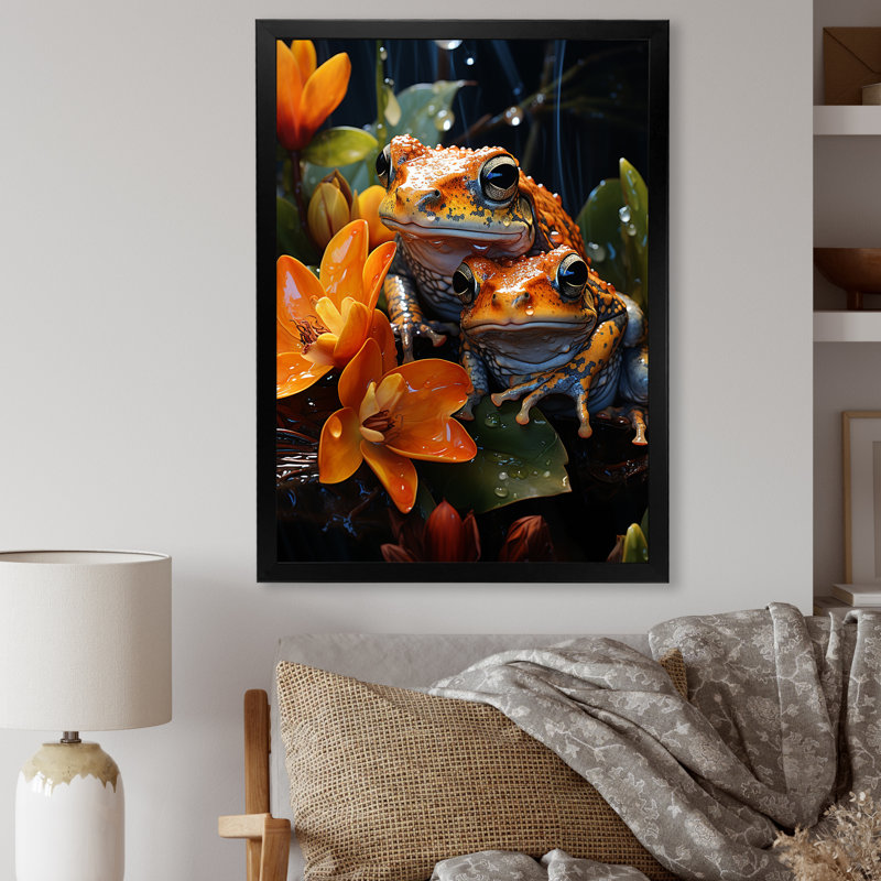 " Orange Frogs On Glass Effect ", 40" H x 30" W x 1.5" D, Black Single Picture Frame