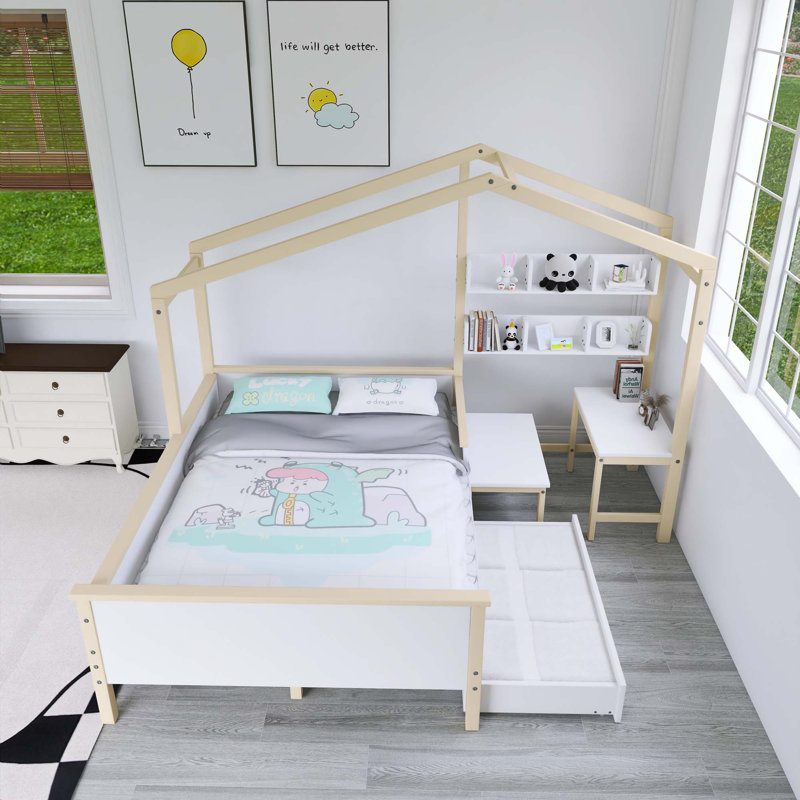 Lit double blanc en bois avec tiroir, bureau et bibliothèque