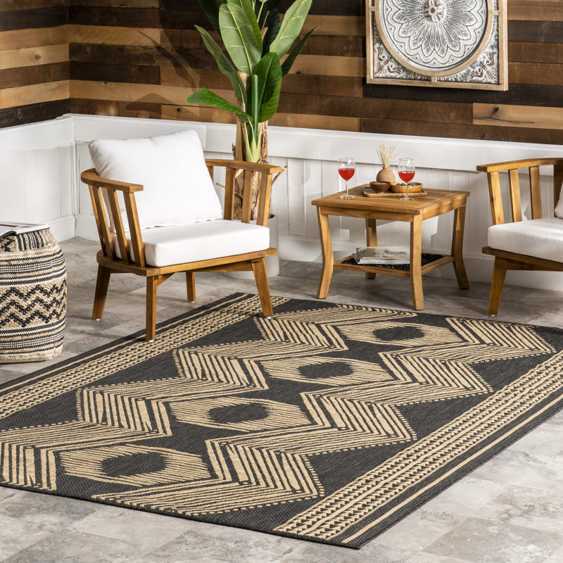 Tribal Indoor/Outdoor Area Rug, Rectangle 5' x 8', Dark Gray/Ivory