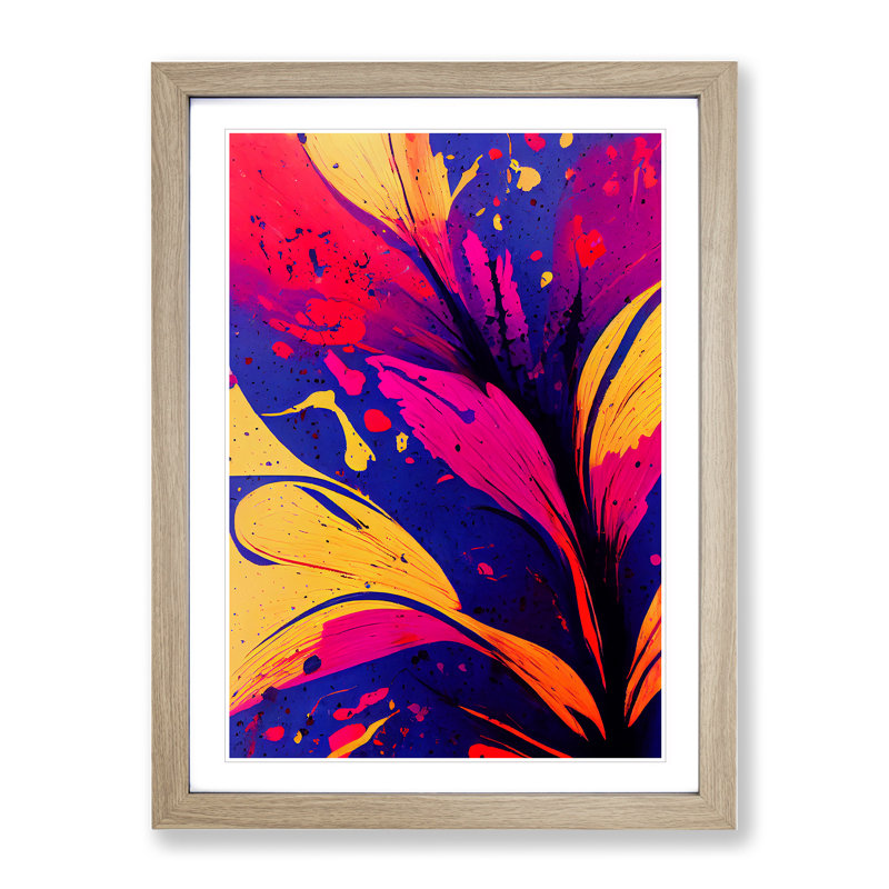 Paint Splash Flowers No.5 - Single Picture Frame Painting, 46cm H x 34cm W x 2cm D, Oak 